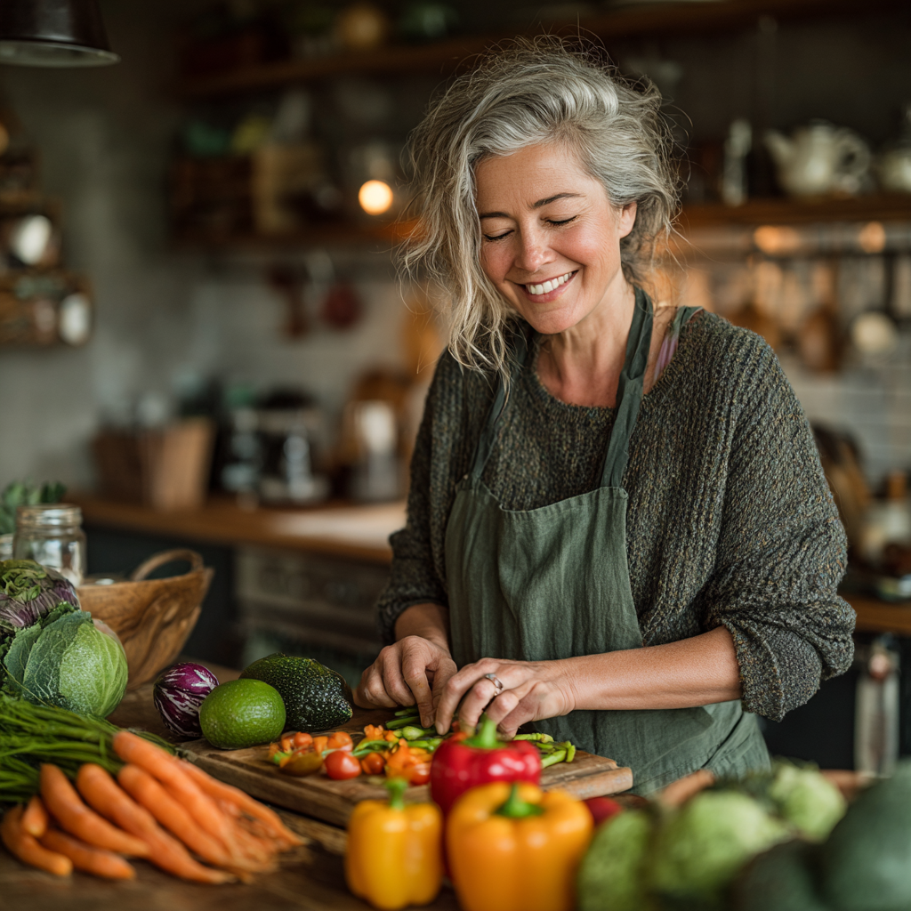 A woman in her late 40s with warm smile preparing a colorful healthy meal in a modern bright kitchen, surrounded by fresh vegetables and fruits on a wooden cutting board